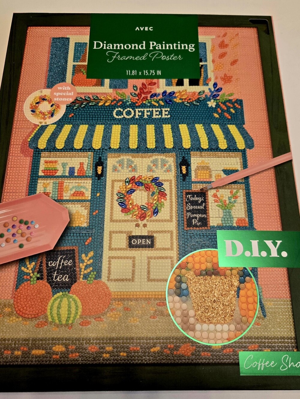 New-Wood Frame Diamond Art Coffe Shop Kit, Diamond Painting, DIY, New In Box